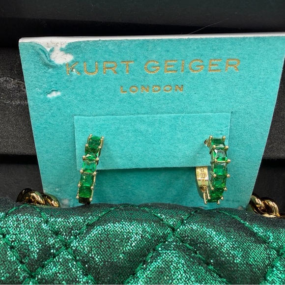 Kurt Geiger Metallic Quilted Mini Bag in Emerald with Gold Lock & Earrings - Picture 4 of 6